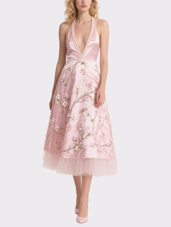 Pink Halter Neck Embroidered Tulle Midi Dress Women's Romantic Event Dress