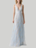 Light Blue Tulle Embellished Gown Plunging V-neck Evening Dress