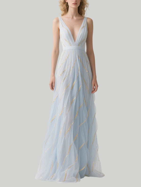 Light Blue Tulle Embellished Gown Plunging V-neck Evening Dress