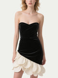 Black Velvet Strapless Dress with Asymmetric Scalloped Hem