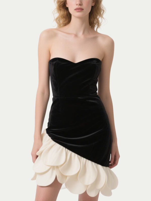 Black Velvet Strapless Dress with Asymmetric Scalloped Hem