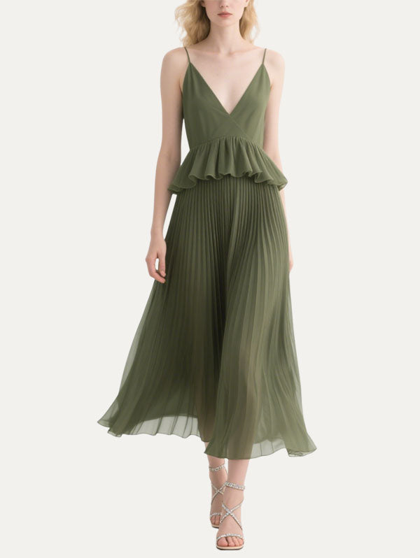 Olive Green Pleated Peplum Midi Dress Women's Formal Event Wear