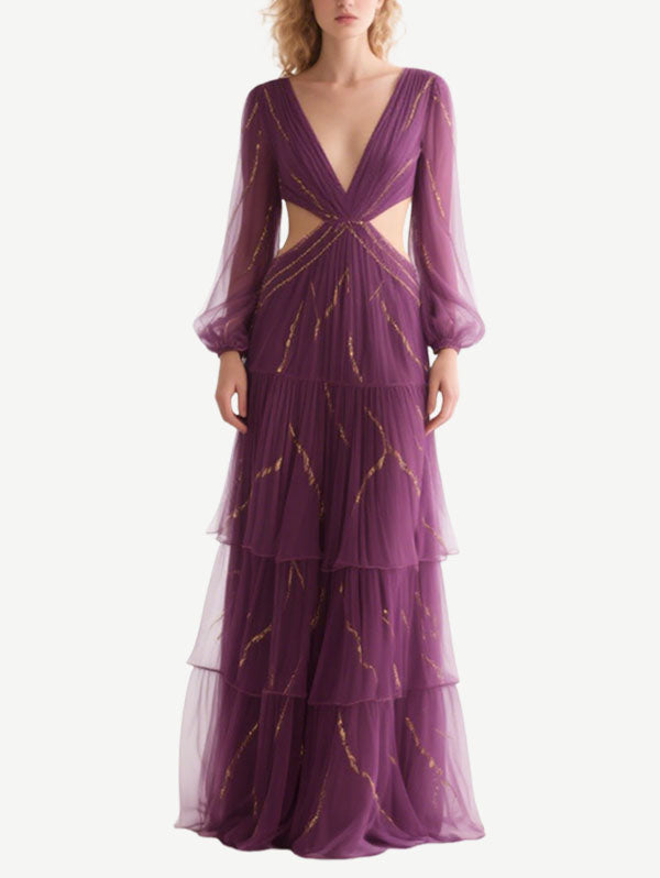 Purple Cut Out Tulle Gown Deep V Evening Dress