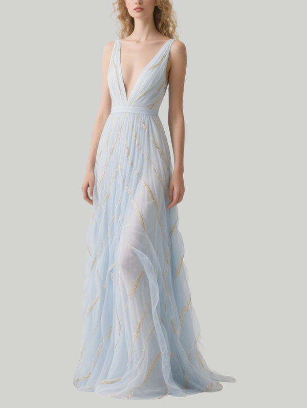 Light Blue Tulle Embellished Gown Plunging V-neck Evening Dress