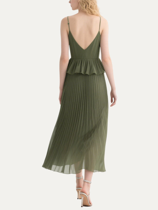 Olive Green Pleated Peplum Midi Dress Women's Formal Event Wear