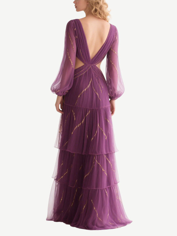 Purple Cut Out Tulle Gown Deep V Evening Dress