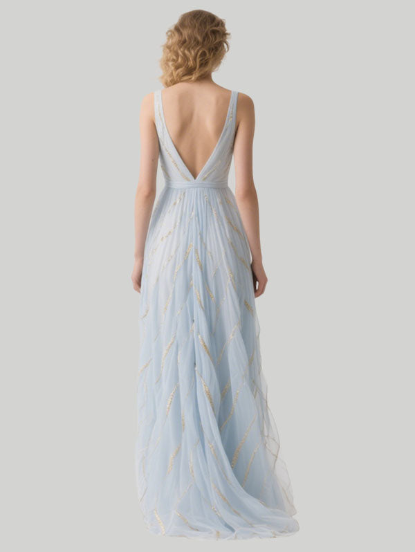 Light Blue Tulle Embellished Gown Plunging V-neck Evening Dress