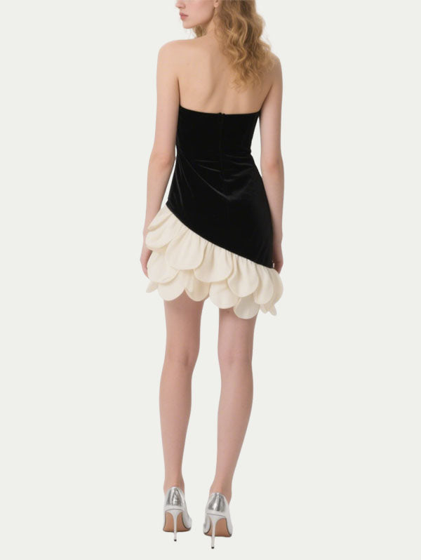 Black Velvet Strapless Dress with Asymmetric Scalloped Hem