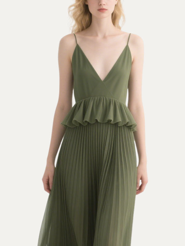 Olive Green Pleated Peplum Midi Dress Women's Formal Event Wear