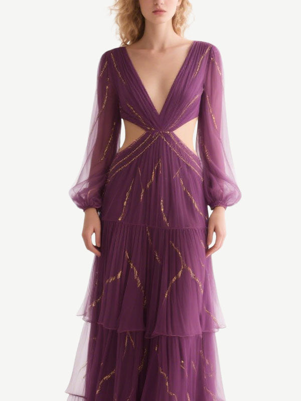 Purple Cut Out Tulle Gown Deep V Evening Dress