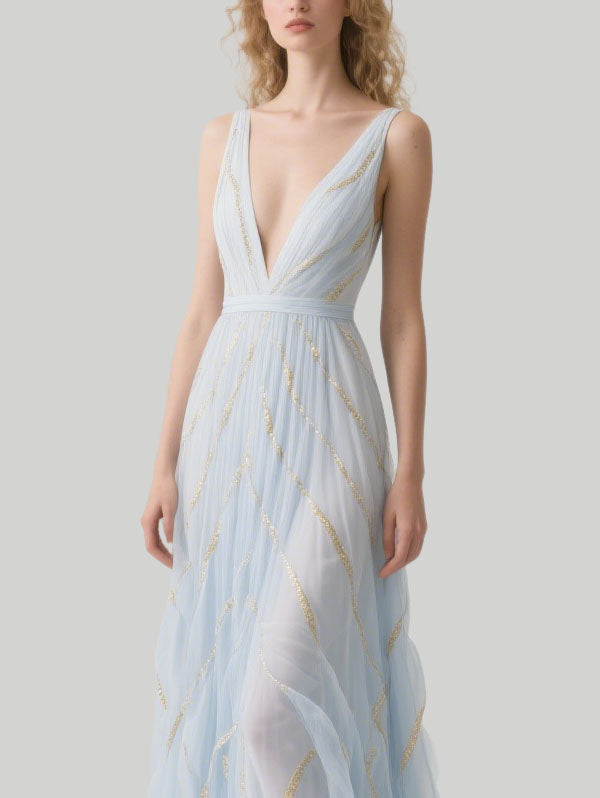 Light Blue Tulle Embellished Gown Plunging V-neck Evening Dress