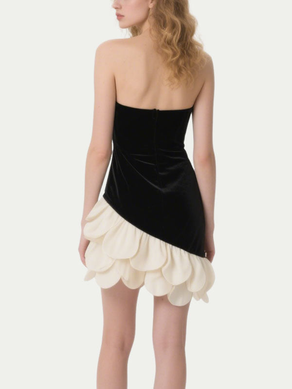 Black Velvet Strapless Dress with Asymmetric Scalloped Hem
