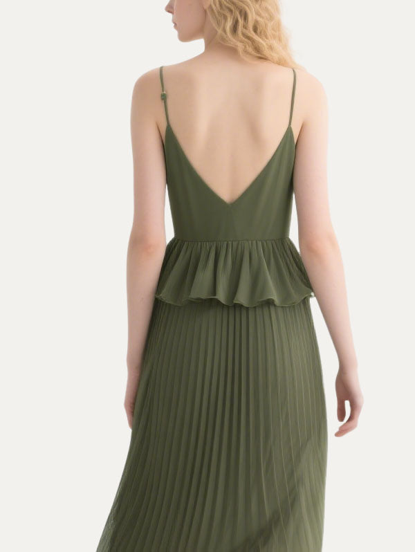 Olive Green Pleated Peplum Midi Dress Women's Formal Event Wear
