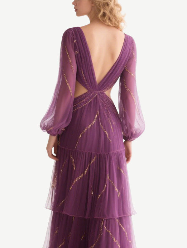 Purple Cut Out Tulle Gown Deep V Evening Dress