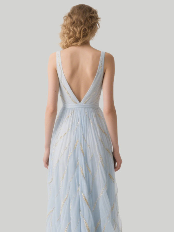 Light Blue Tulle Embellished Gown Plunging V-neck Evening Dress
