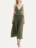 Olive Green Pleated Peplum Midi Dress Women's Formal Event Wear