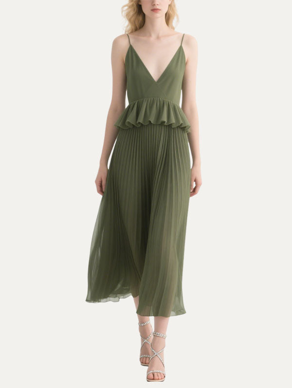 Olive Green Pleated Peplum Midi Dress Women's Formal Event Wear