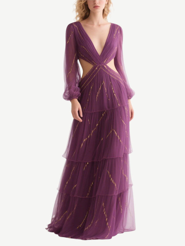 Purple Cut Out Tulle Gown Deep V Evening Dress