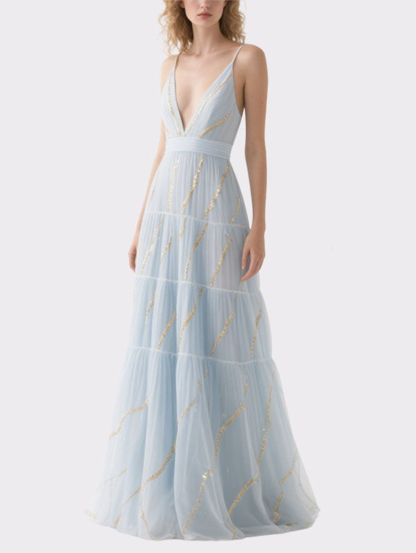 Light Blue Tulle Plunge Neck Sequined Maxi Dress
