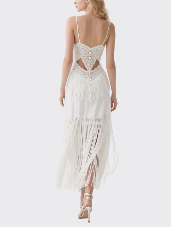 White Beaded Fringe Cut Out Slip Dress Women's Glamorous Party Outfit