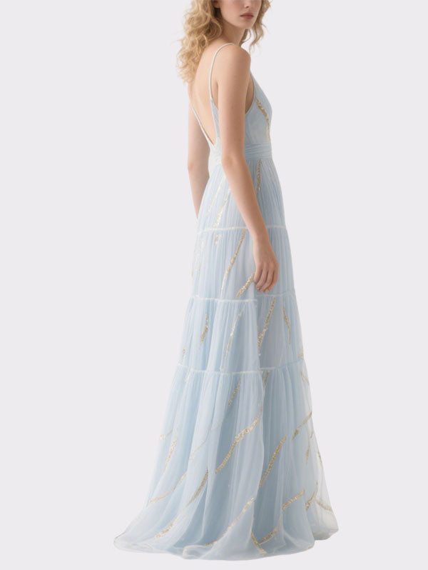 Light Blue Tulle Plunge Neck Sequined Maxi Dress