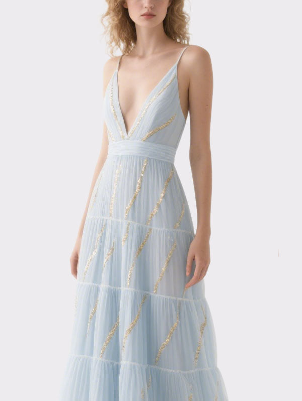 Light Blue Tulle Plunge Neck Sequined Maxi Dress