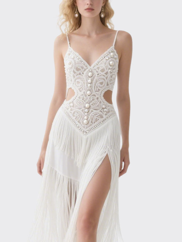 White Beaded Fringe Cut Out Slip Dress Women's Glamorous Party Outfit