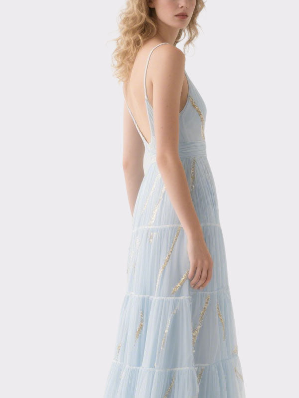 Light Blue Tulle Plunge Neck Sequined Maxi Dress