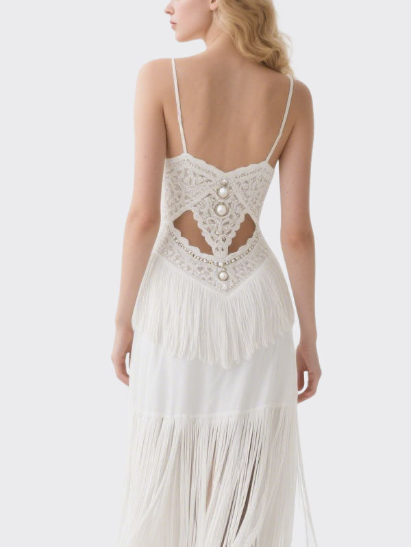 White Beaded Fringe Cut Out Slip Dress Women's Glamorous Party Outfit