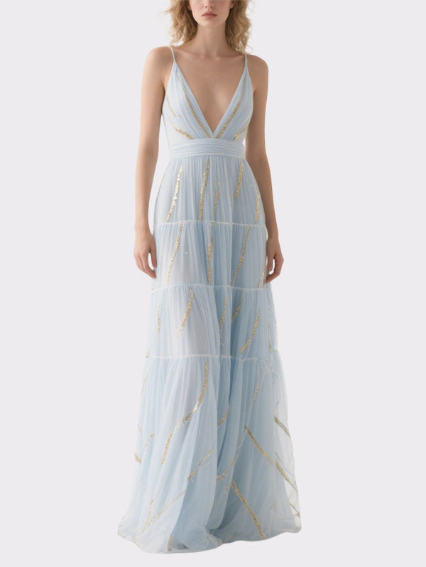 Light Blue Tulle Plunge Neck Sequined Maxi Dress