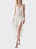 White Beaded Fringe Cut Out Slip Dress Women's Glamorous Party Outfit