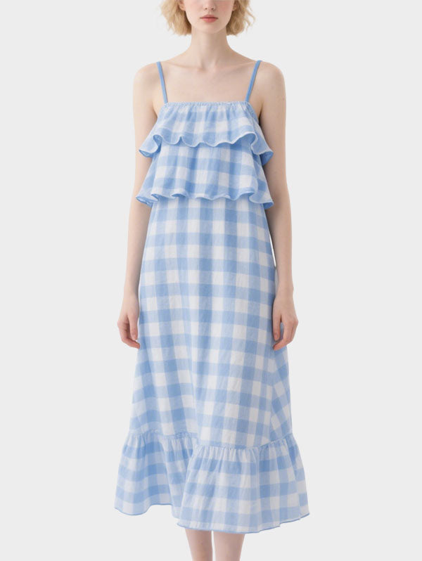 Blue and White Gingham Tiered Midi Dress Women's Sweet Summer Outfit