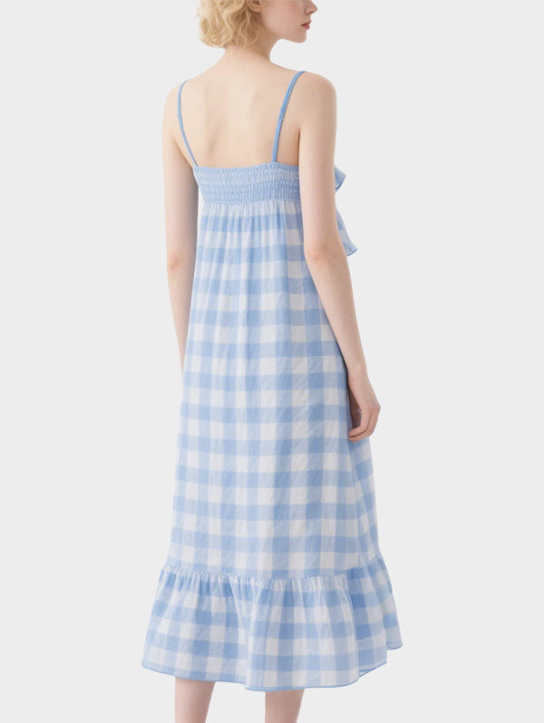 Blue and White Gingham Tiered Midi Dress Women's Sweet Summer Outfit