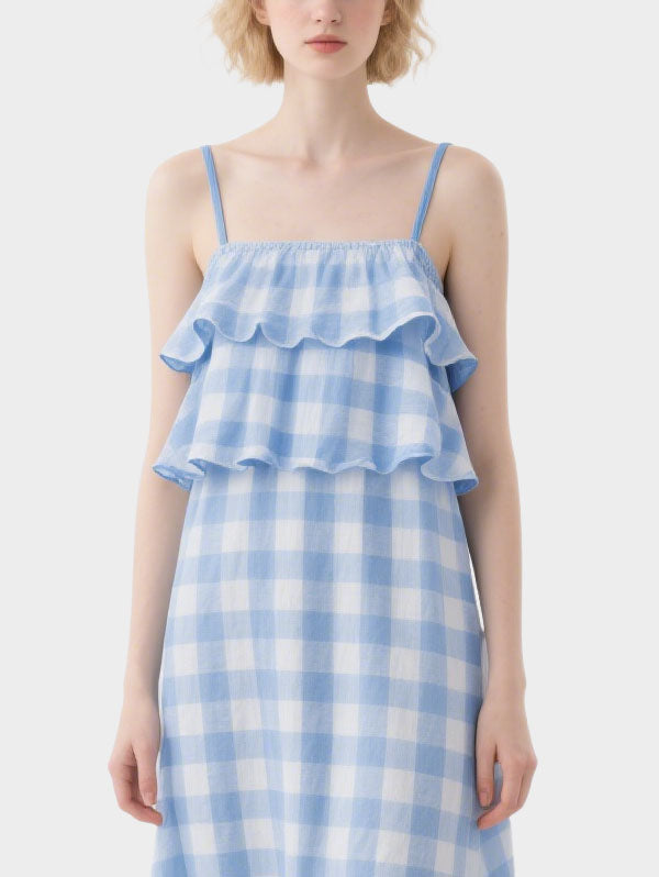 Blue and White Gingham Tiered Midi Dress Women's Sweet Summer Outfit