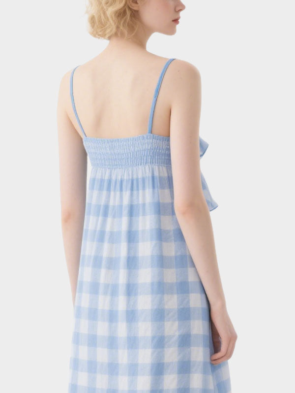 Blue and White Gingham Tiered Midi Dress Women's Sweet Summer Outfit