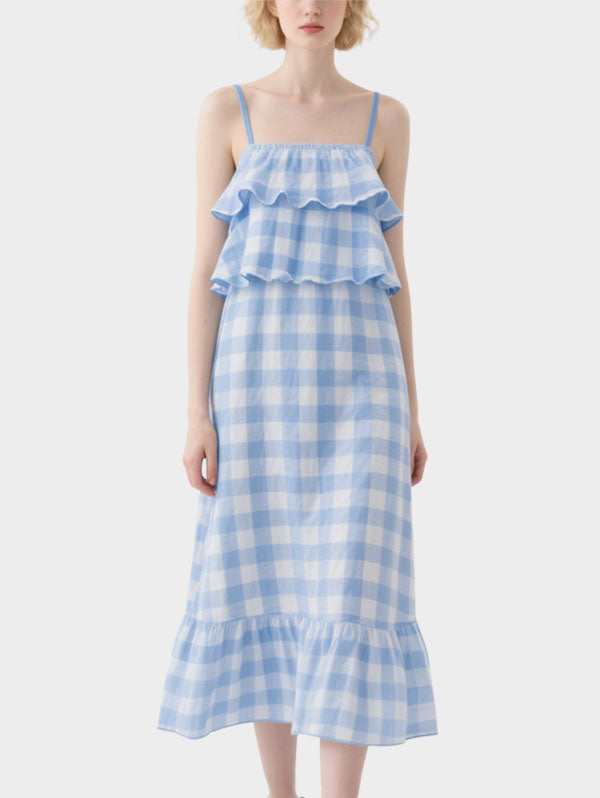 Blue and White Gingham Tiered Midi Dress Women's Sweet Summer Outfit