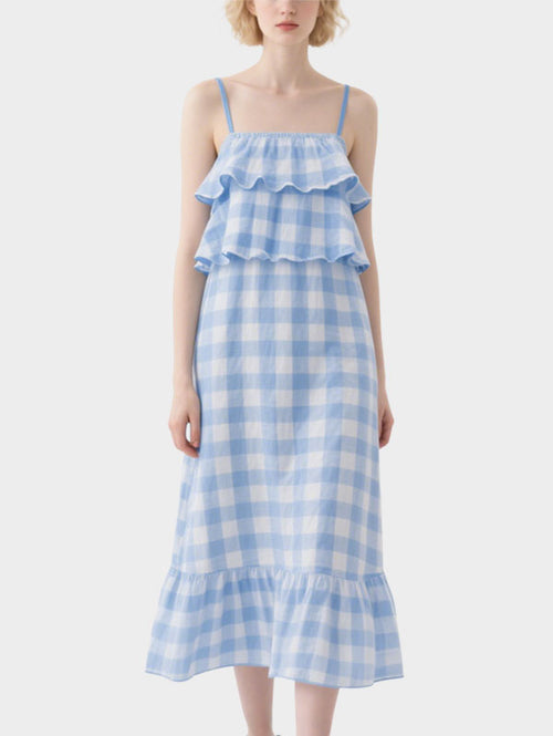 Blue and White Gingham Tiered Midi Dress Women's Sweet Summer Outfit