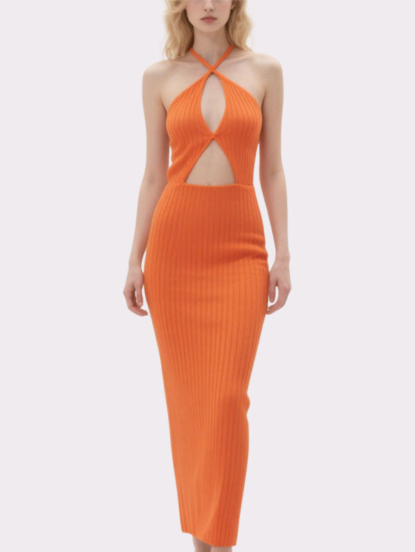 Orange Halter Neck Cut Out Ribbed Maxi Dress