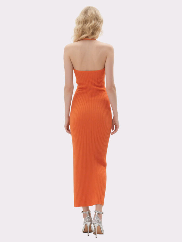 Orange Halter Neck Cut Out Ribbed Maxi Dress
