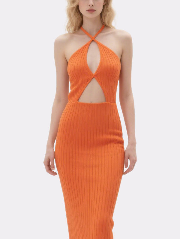 Orange Halter Neck Cut Out Ribbed Maxi Dress