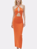 Orange Halter Neck Cut Out Ribbed Maxi Dress