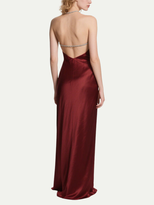 Burgundy Satin Halter Neck Cut Out Maxi Dress with Crystal Chain