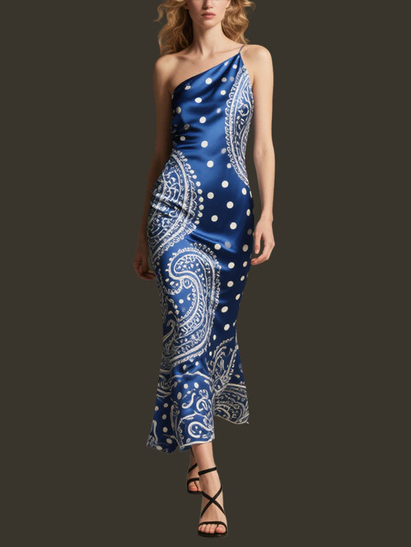 Blue One Shoulder Paisley Polka Dot Midi Dress Women's Elegant Party Dress