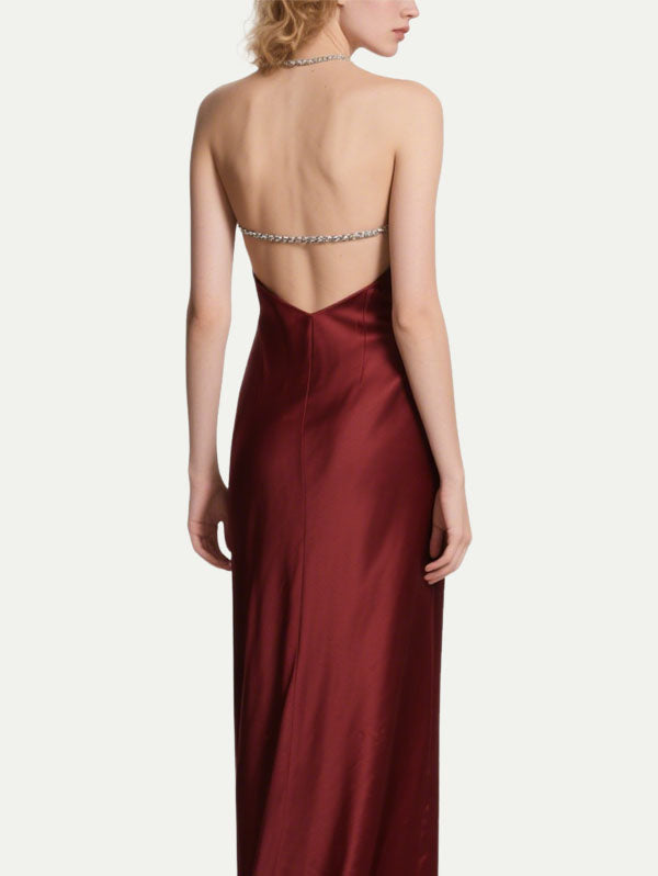 Burgundy Satin Halter Neck Cut Out Maxi Dress with Crystal Chain