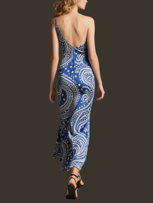 Blue One Shoulder Paisley Polka Dot Midi Dress Women's Elegant Party Dress