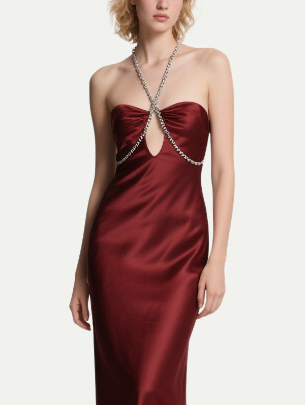 Burgundy Satin Halter Neck Cut Out Maxi Dress with Crystal Chain