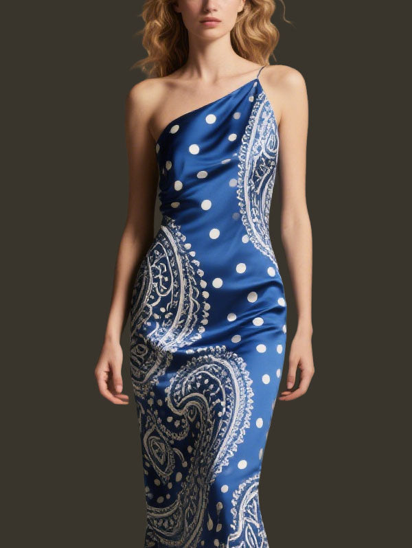 Blue One Shoulder Paisley Polka Dot Midi Dress Women's Elegant Party Dress