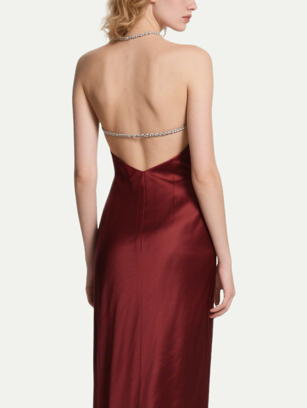 Burgundy Satin Halter Neck Cut Out Maxi Dress with Crystal Chain