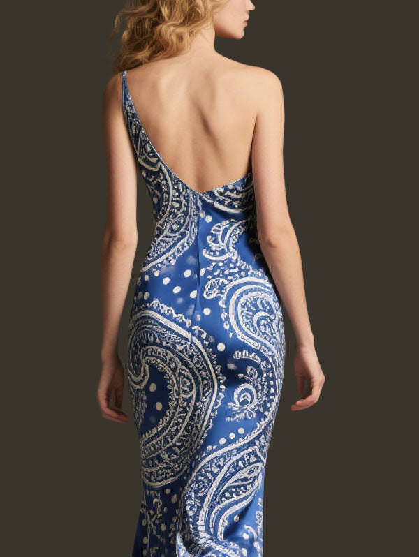 Blue One Shoulder Paisley Polka Dot Midi Dress Women's Elegant Party Dress
