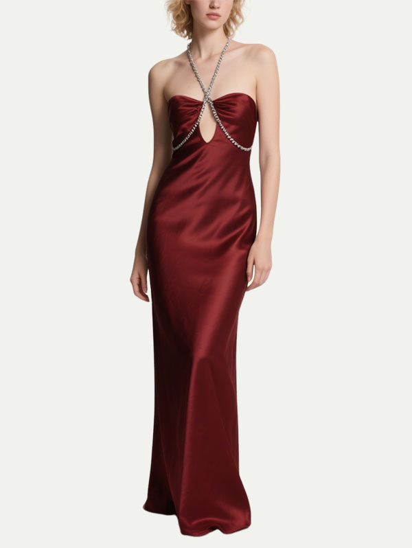 Burgundy Satin Halter Neck Cut Out Maxi Dress with Crystal Chain